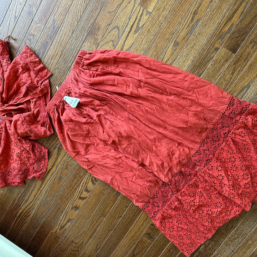 Free People Red Maxi Skirt Set Smocked Casual - Picture 9 of 10
